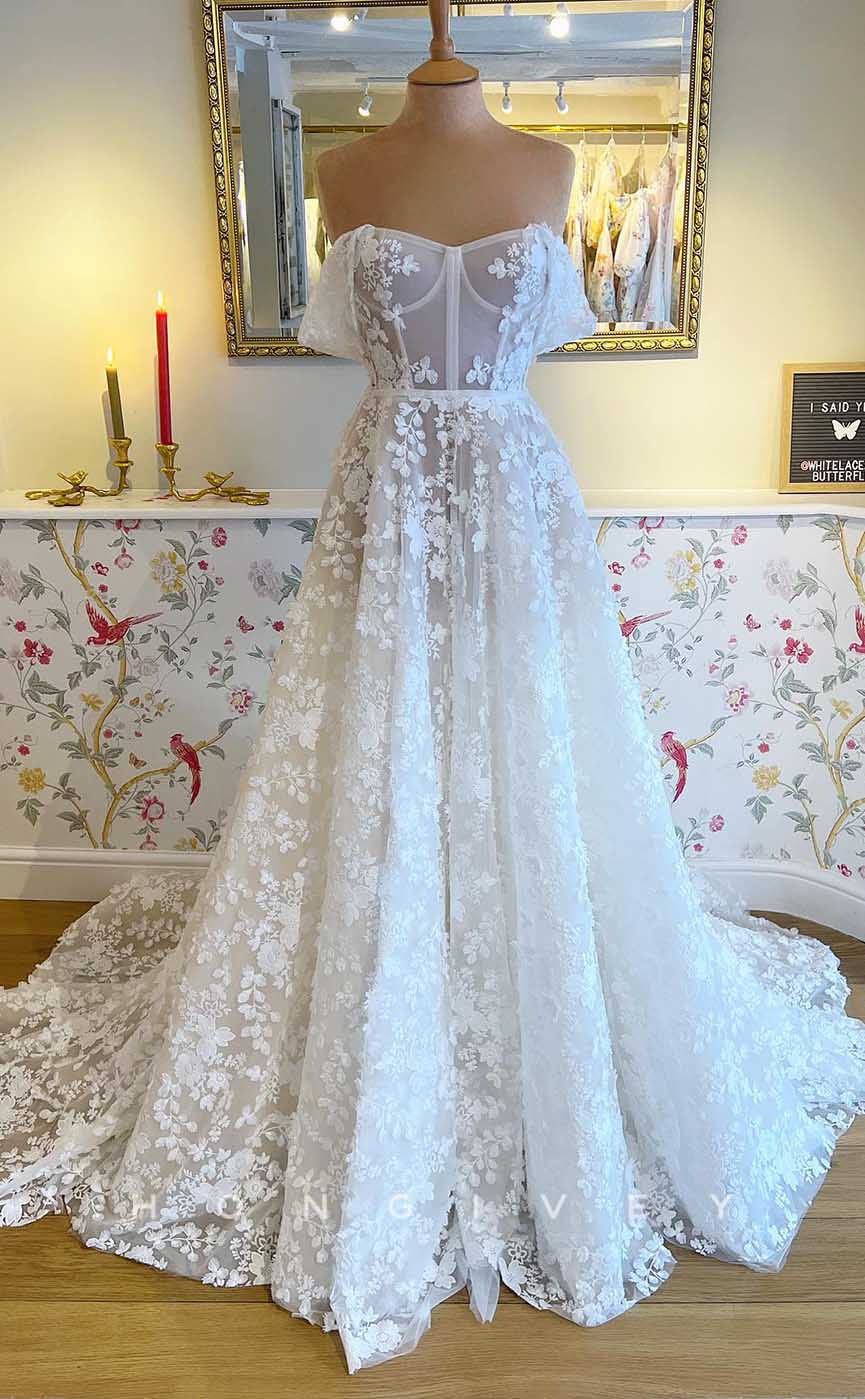 H1722 - Off-Shoulder A-Line Lace Applique Sheer With Train Wedding Dress