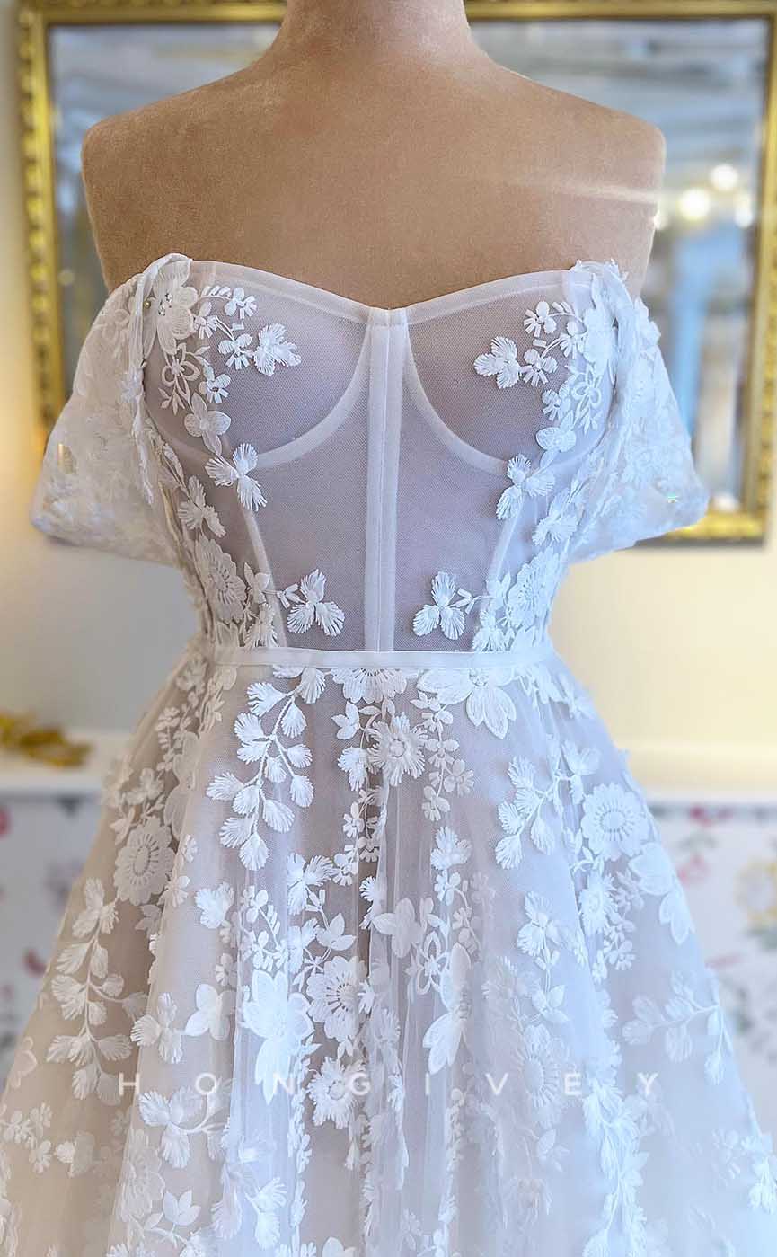 H1722 - Off-Shoulder A-Line Lace Applique Sheer With Train Wedding Dress