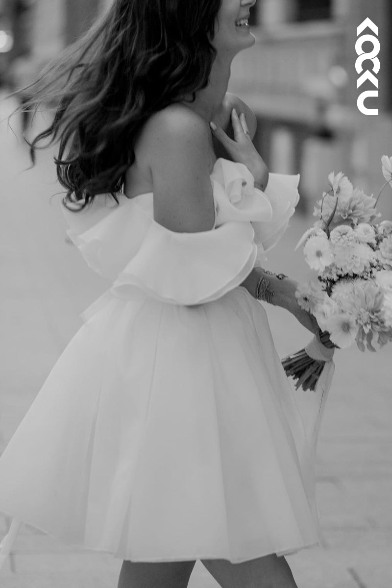 K2105 - Couture & Romantic Sleeveless Off-Shoulder A-Line Mini Wedding Dress