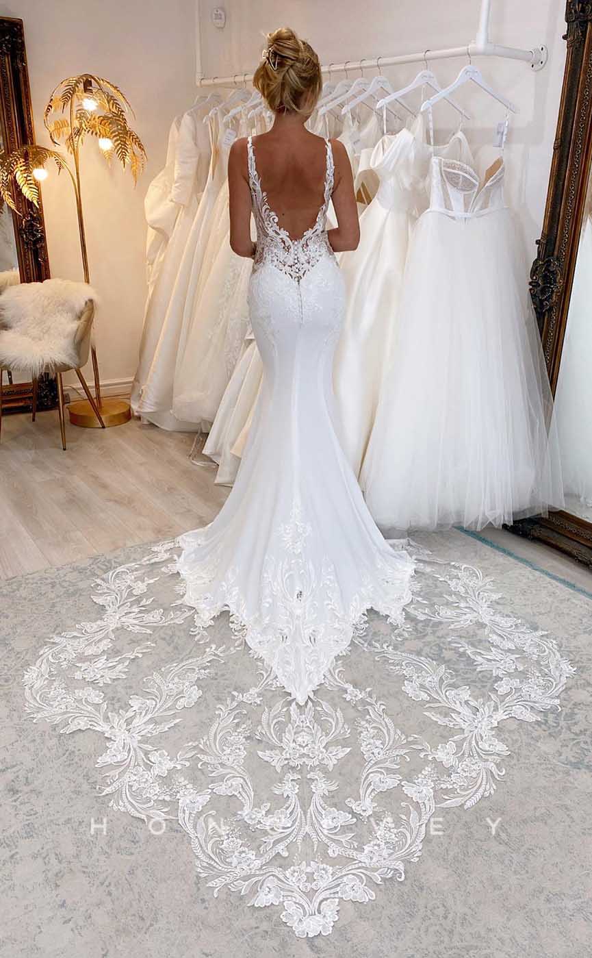 H1725 - V-Neck Spaghetti Straps Lace Applique Trumpet Beach Wedding Dress