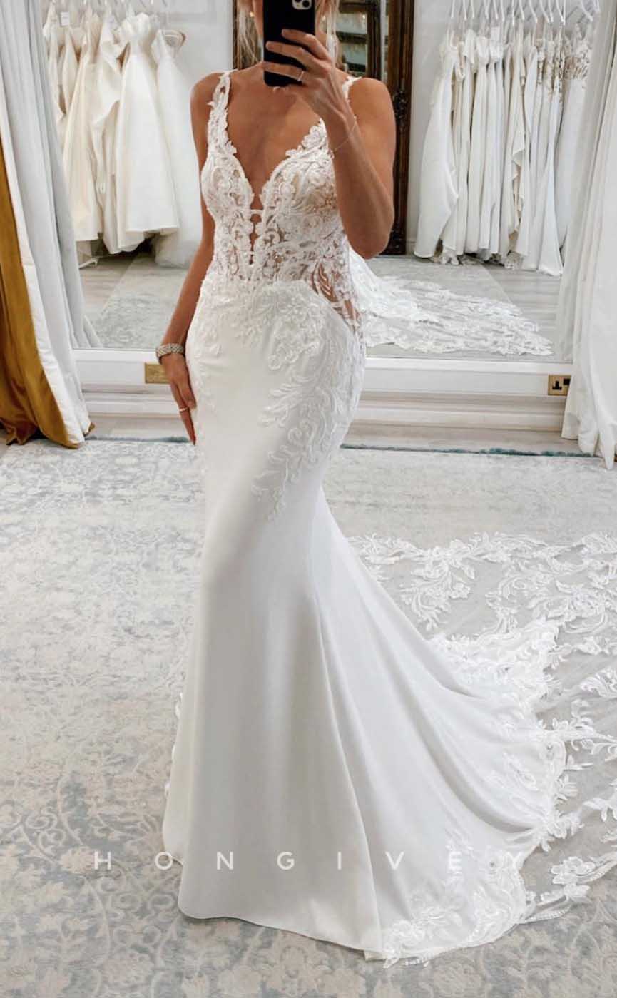 H1725 - V-Neck Spaghetti Straps Lace Applique Trumpet Beach Wedding Dress