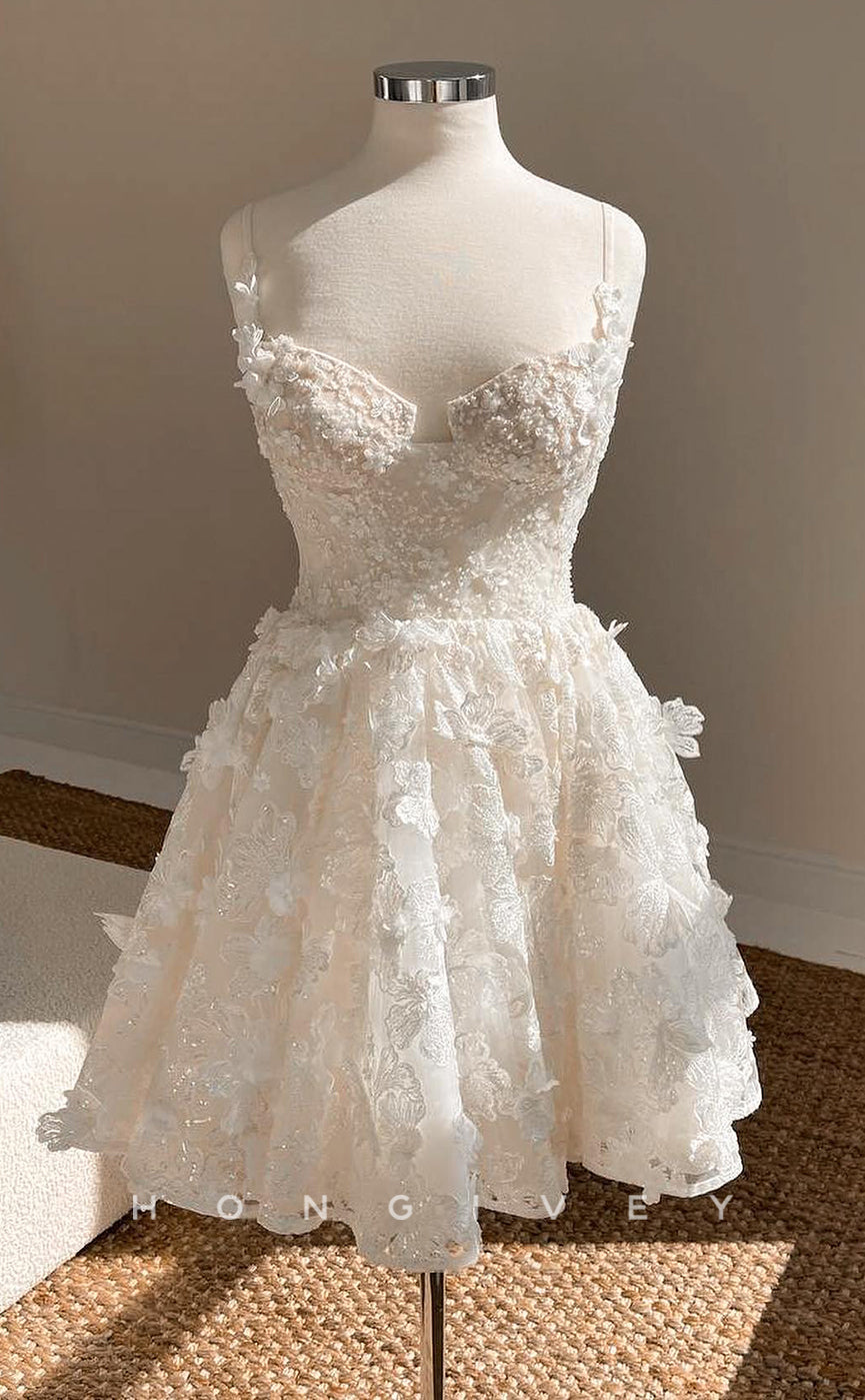 H1765 - Sexy A-Line Sweetheart Spaghetti Straps Floral Embellished Wedding Dress