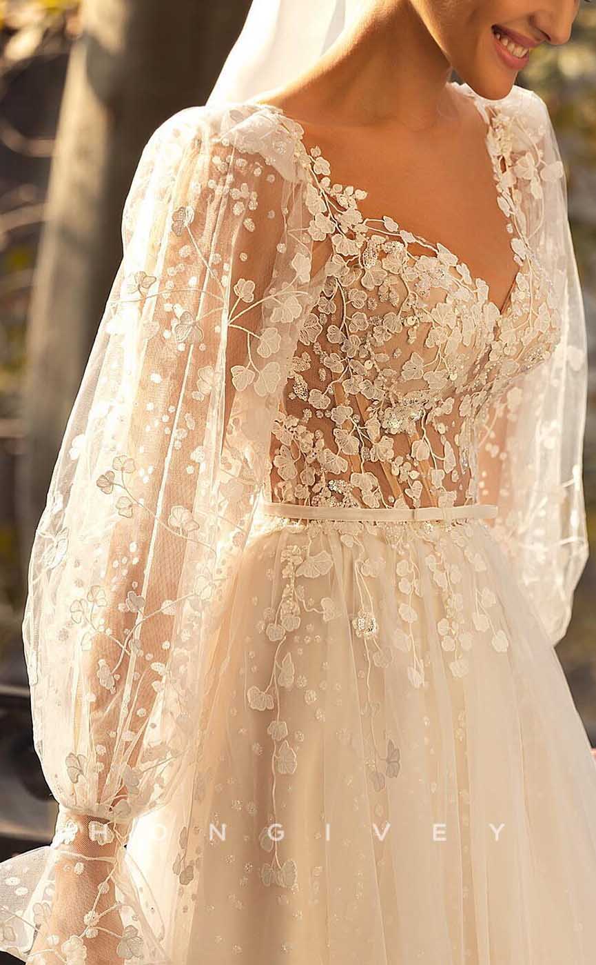 H1736 - Boho V-Neck Long Sleeve Sheer Empire Appliques Wedding Dress