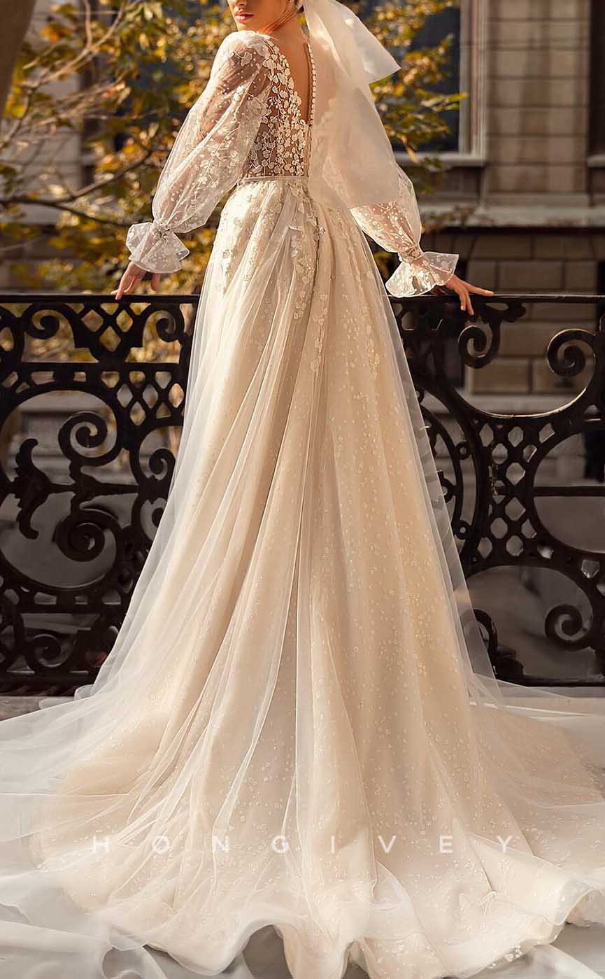 H1736 - Boho V-Neck Long Sleeve Sheer Empire Appliques Wedding Dress