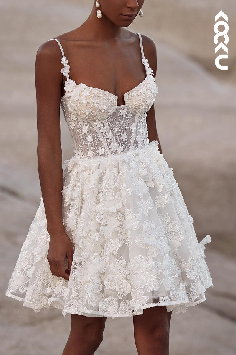 K2151 - Elegant & Luxurious Spaghetti Straps Appliques A-Line Short Mini Wedding Dress