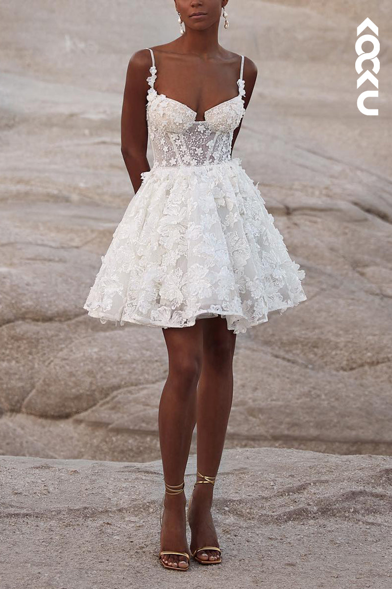 K2151 - Elegant & Luxurious Spaghetti Straps Appliques A-Line Short Mini Wedding Dress