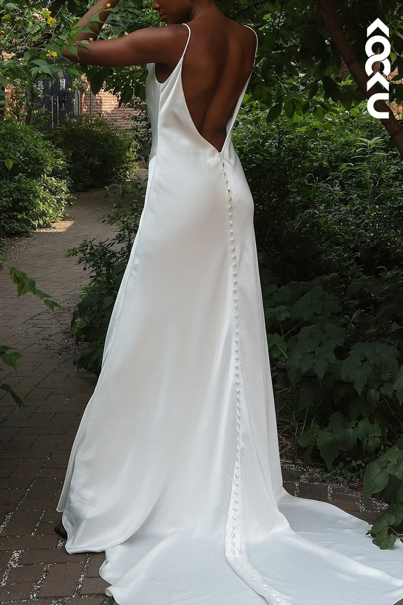 K2137 - Sexy & Casual Spaghetti Straps Backless Side Slit Ruched Wedding Dress