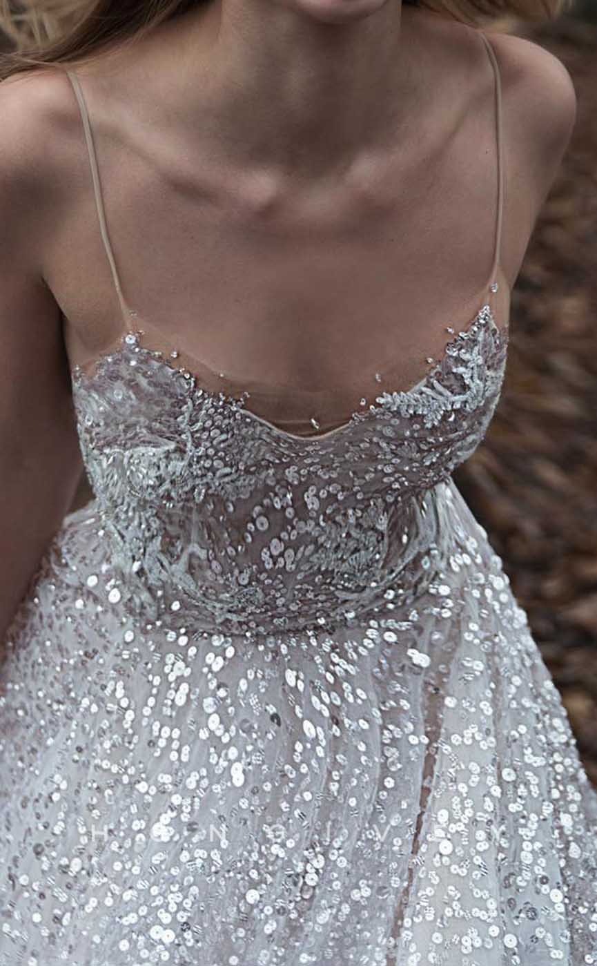 H1739 - Glitter A-Line V-Neck Spaghetti Straps Sequined Wedding Dress