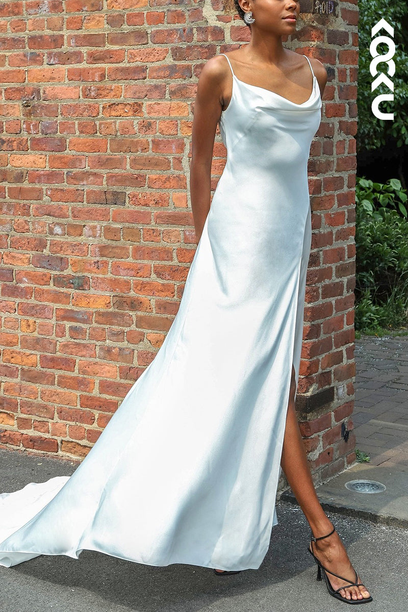 K2137 - Sexy & Casual Spaghetti Straps Backless Side Slit Ruched Wedding Dress