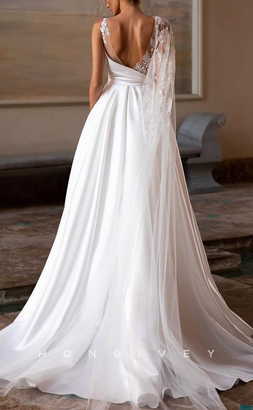 H1735 - Chic Satin A-Line Sheer Appliques With Bolero Wedding Dress