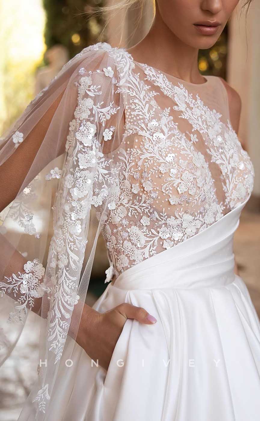 H1735 - Chic Satin A-Line Sheer Appliques With Bolero Wedding Dress