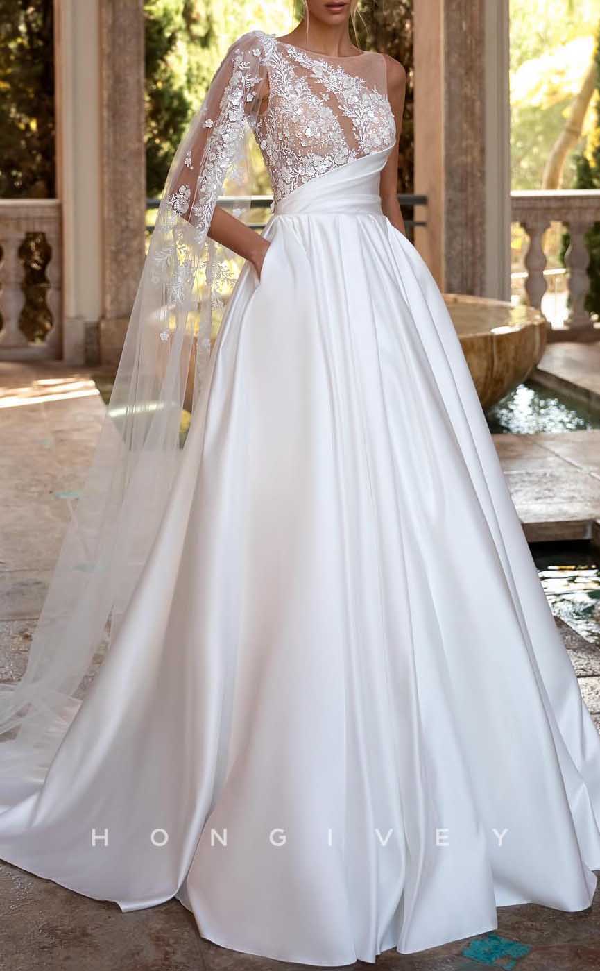 H1735 - Chic Satin A-Line Sheer Appliques With Bolero Wedding Dress