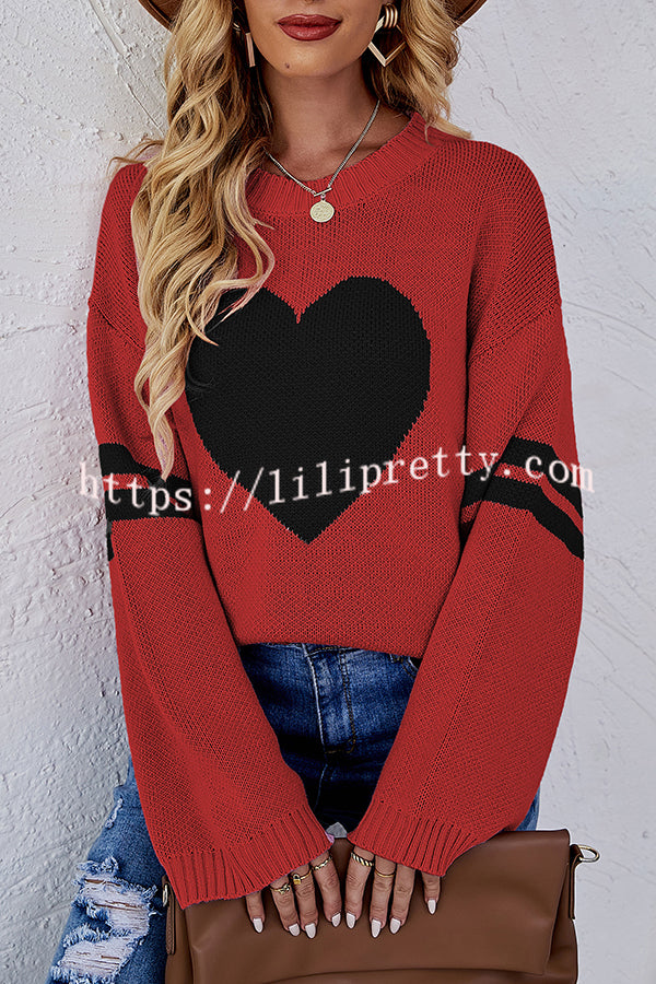 Contrast Color Round Neck Pullover Love Heart Knitted Long Sleeved Sweater