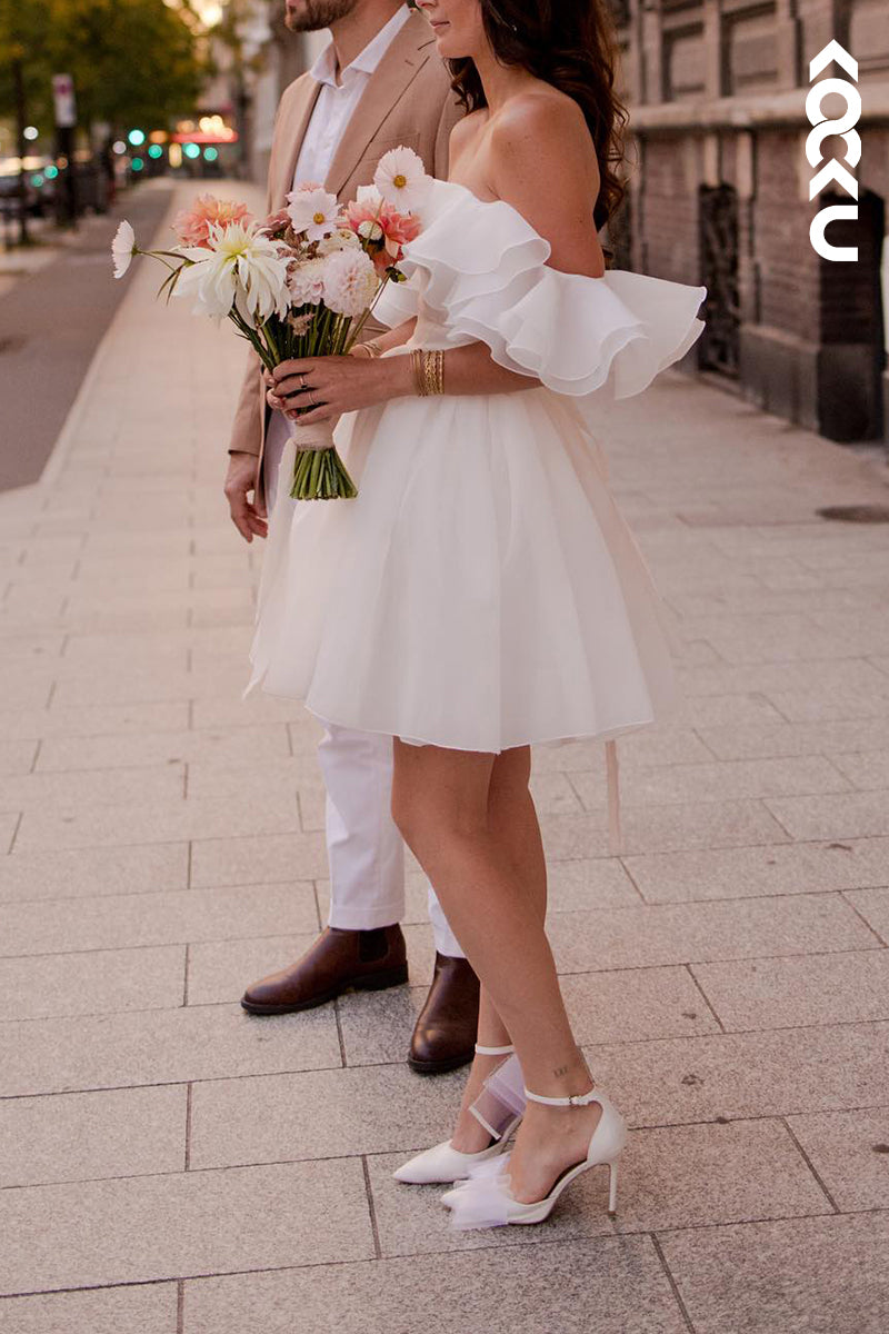 K2105 - Couture & Romantic Sleeveless Off-Shoulder A-Line Mini Wedding Dress