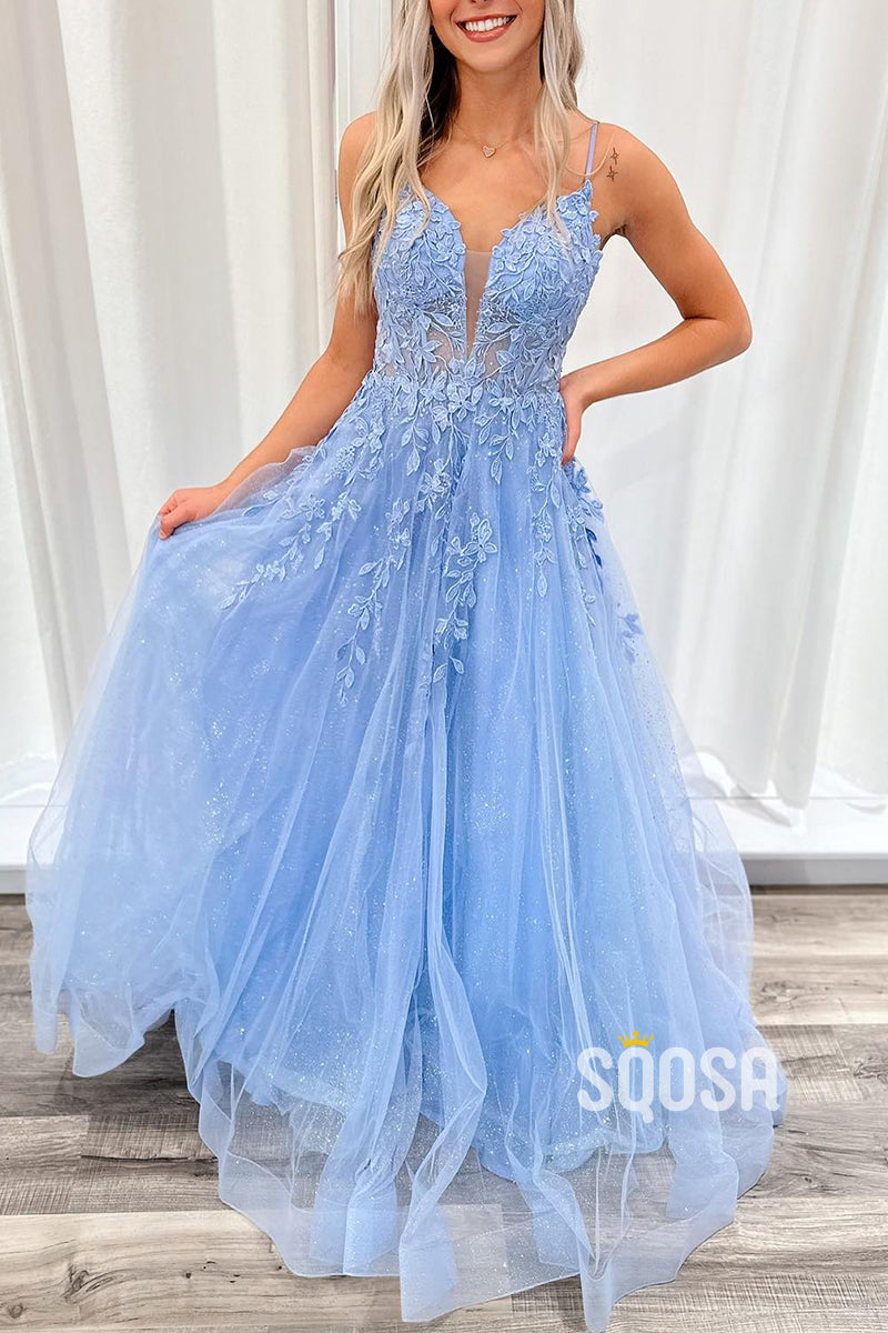 L2832 - V-Neck Spaghetti Straps Appliques Tulle A-Line Prom Dress