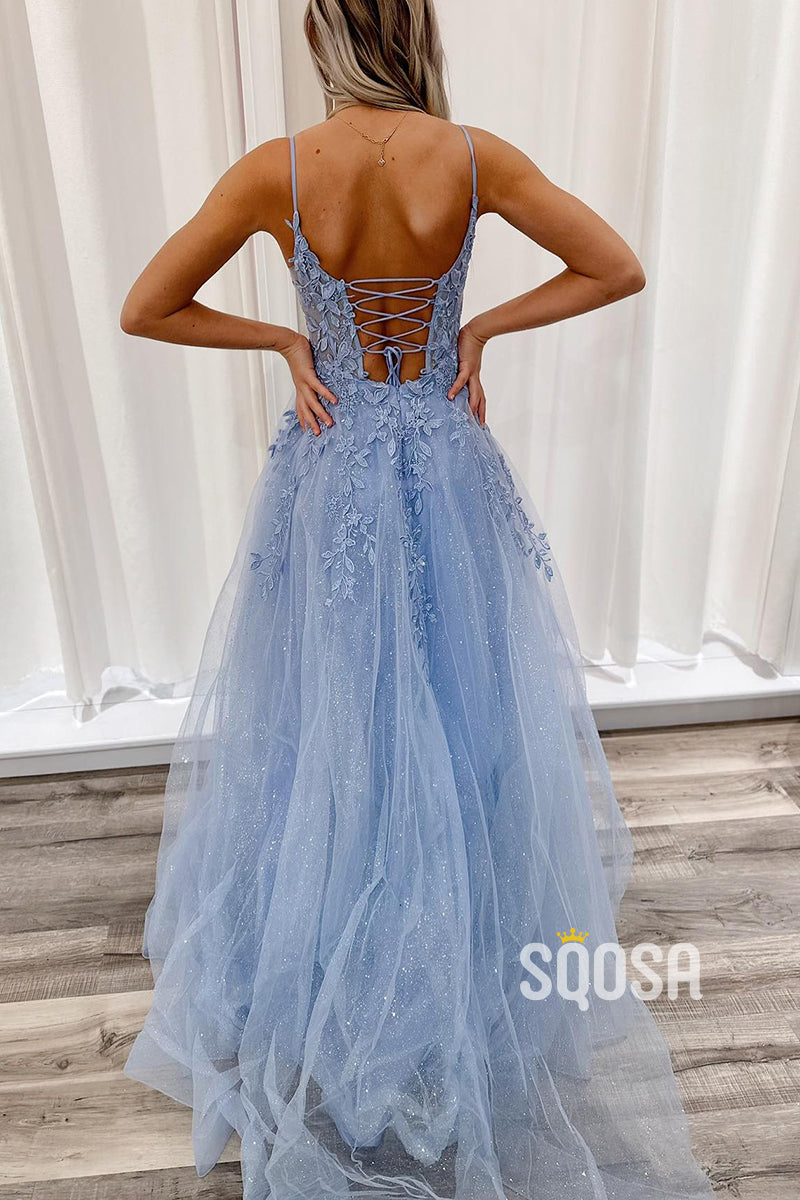 L2832 - V-Neck Spaghetti Straps Appliques Tulle A-Line Prom Dress