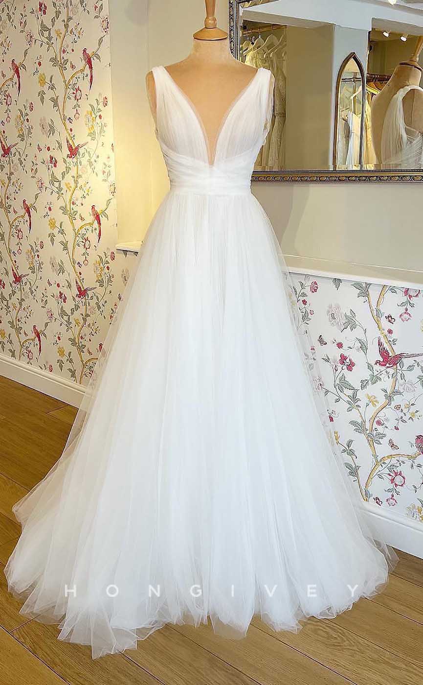 H1721 - Tulle A-Line V-Neck Sleeveless Beach Wedding Dress