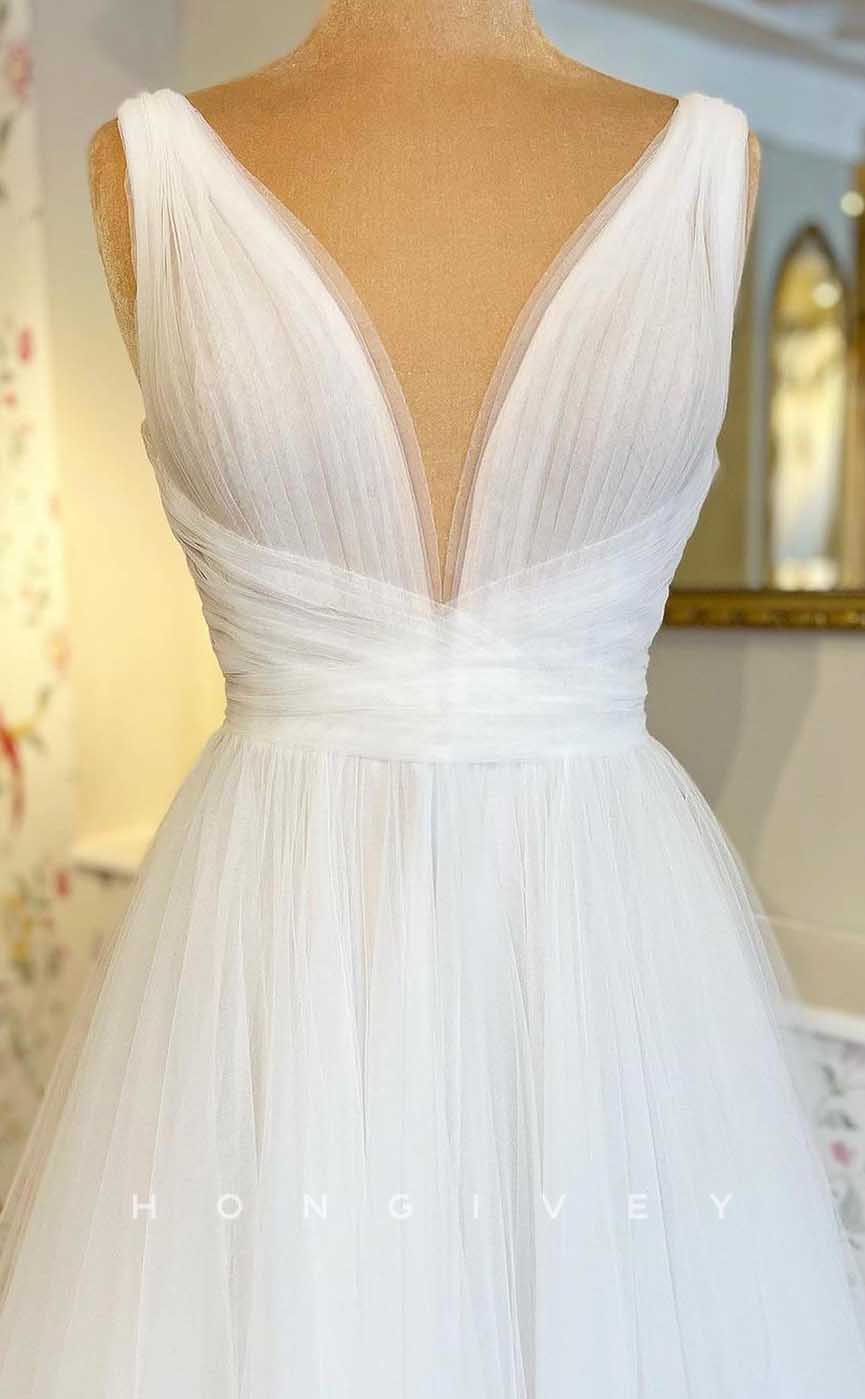 H1721 - Tulle A-Line V-Neck Sleeveless Beach Wedding Dress