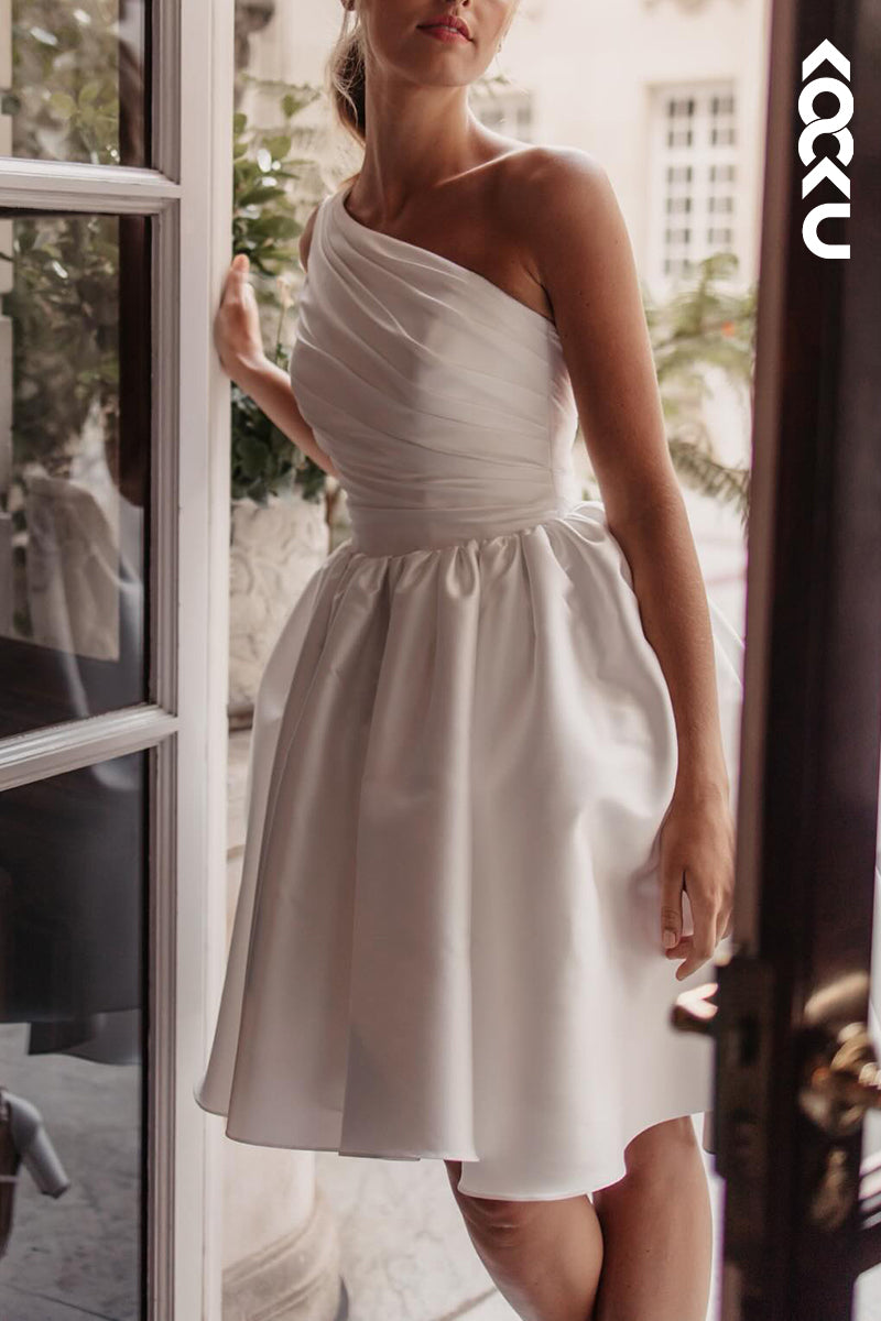 K2104 - Chic & Modern One ShoulderSleeveless A-Line Ruched Mini Wedding Dress