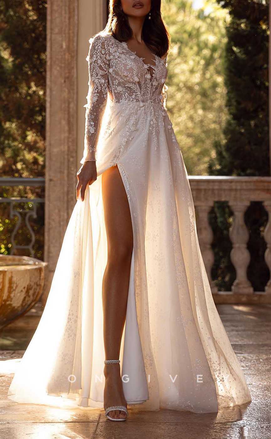 H1720 - Elegant V-Neck Long Sleeve A-Line Appliques With Side Slit Wedding Dress