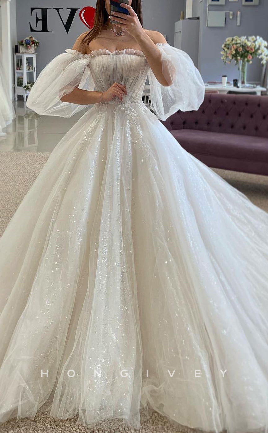 H1690 - Glitter Tulle A-Line Off-Shoulder Appliques With Train SheerWedding Dress