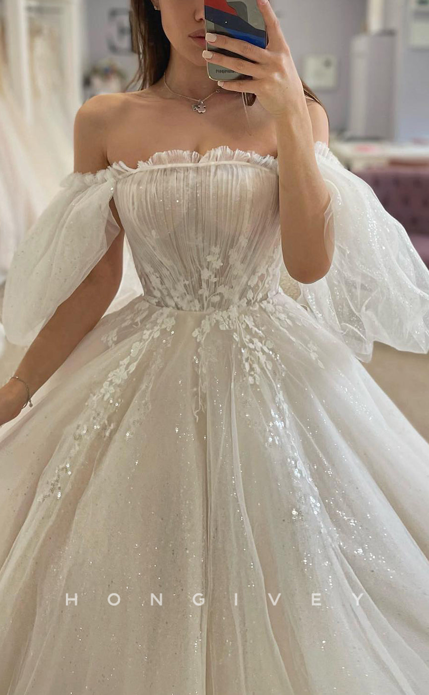 H1690 - Glitter Tulle A-Line Off-Shoulder Appliques With Train SheerWedding Dress