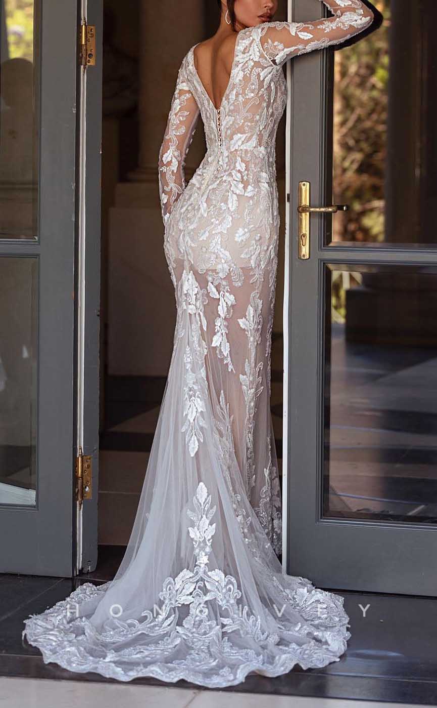 H1719 - Sheer Trumpet Scoop Long Sleeve Lace Applique Wedding Dress