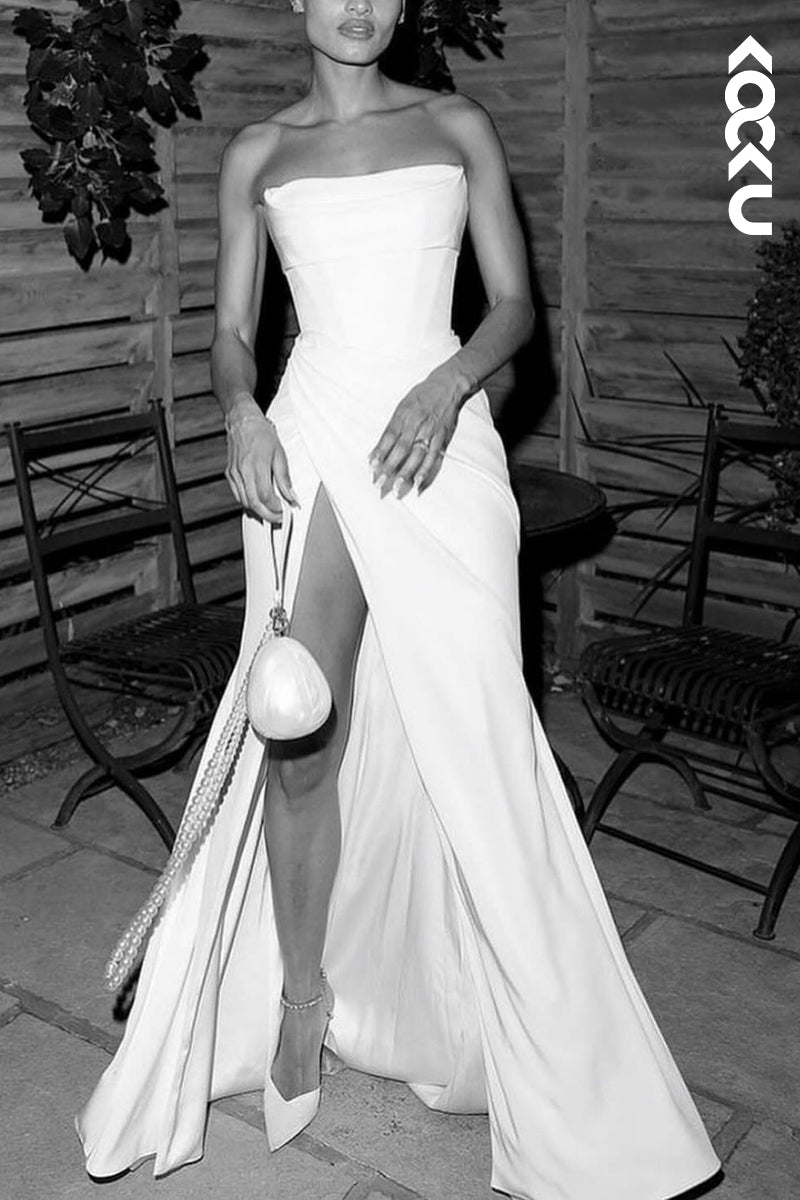 K2130 - Chic & Modern Off-Shoulder Sleeveless Side Slit A-Line Wedding Dress