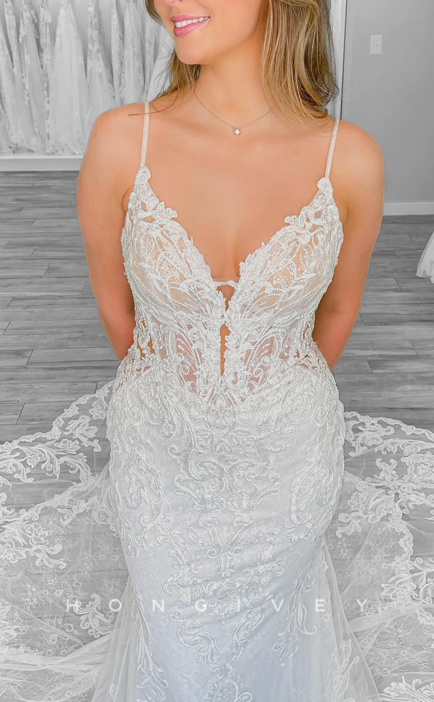 H1708 - Trumpet V-Neck Spaghetti Straps Lace Applique With Train Wedding Dress