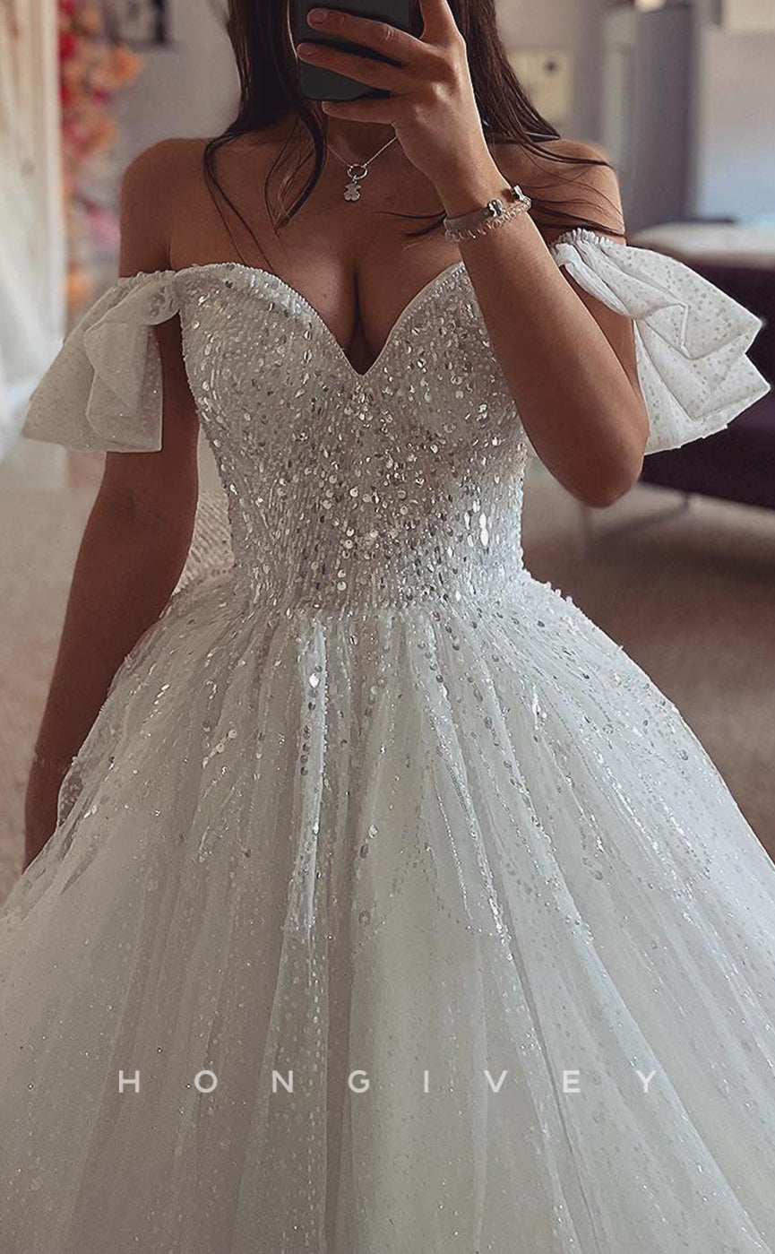 H1689 - Off-Shoulder Glitter Tulle A-Line Sequined Beaded With Train Wedding Dress