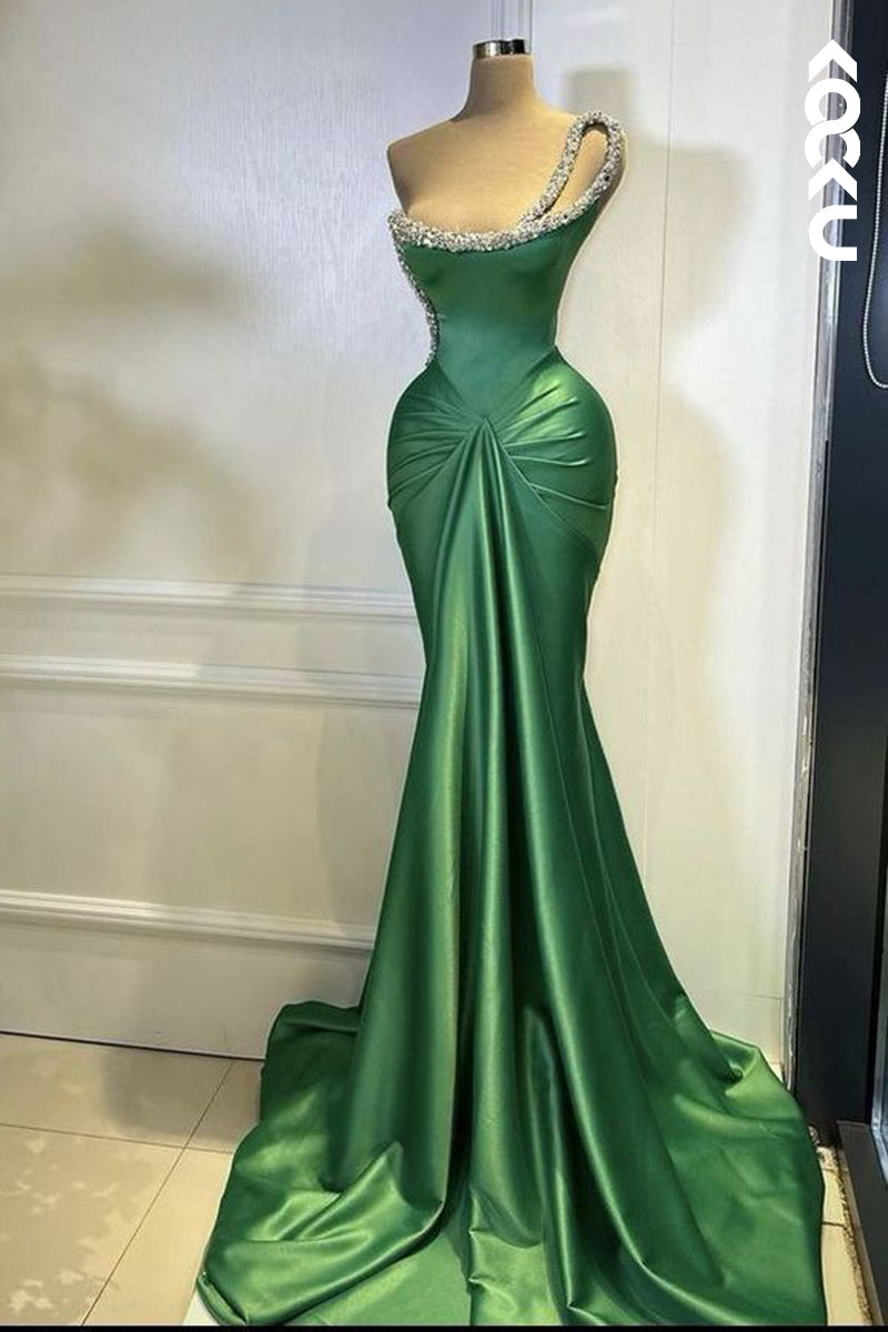 L1116 - One Shoulder Sleeveless Rhinestones Satin Mermaid Long Prom Evening Dress