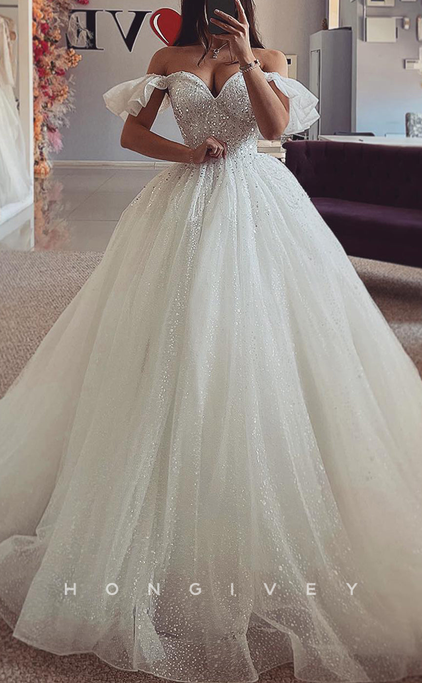 H1689 - Off-Shoulder Glitter Tulle A-Line Sequined Beaded With Train Wedding Dress