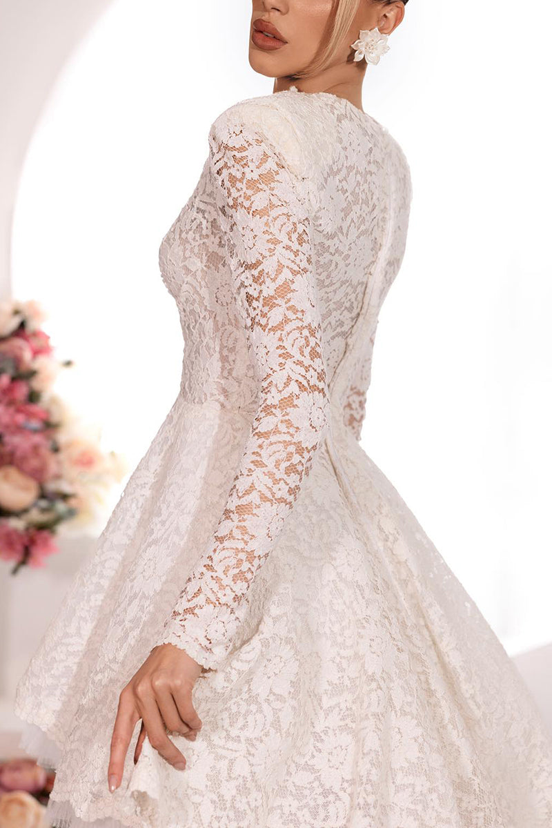 K1699 - Charming Applique Long Sleeves Sheer Lace A-Line Mini Wedding Dress