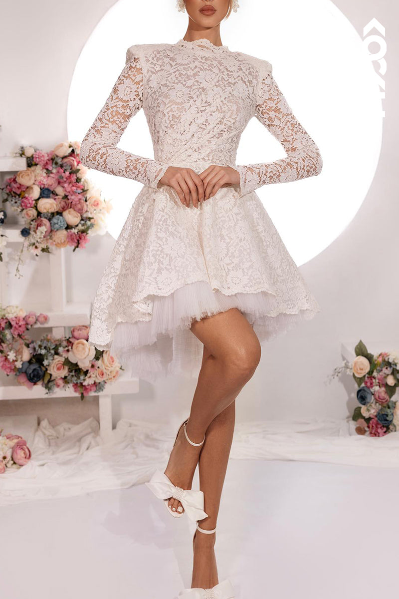 K1699 - Charming Applique Long Sleeves Sheer Lace A-Line Mini Wedding Dress