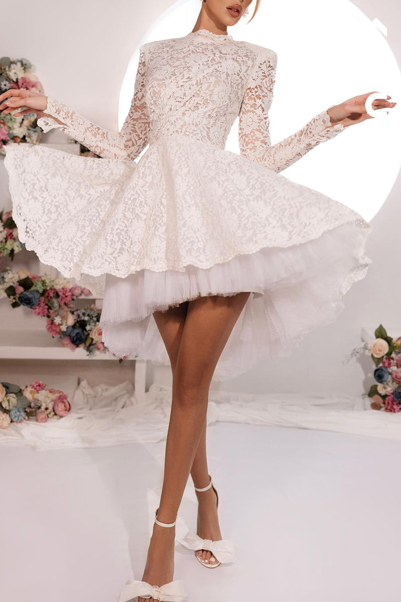 K1699 - Charming Applique Long Sleeves Sheer Lace A-Line Mini Wedding Dress