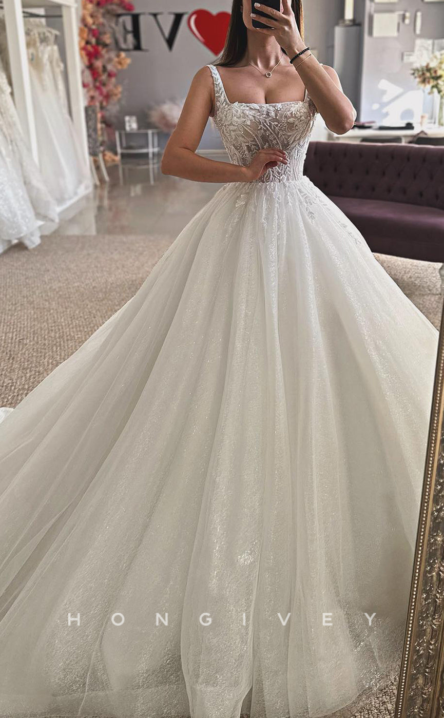 H1688 - Tulle A-Line Square Appliques Sheer Glitter Wedding Dress