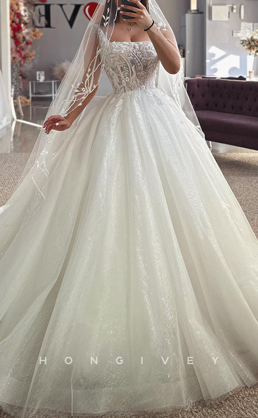 H1688 - Tulle A-Line Square Appliques Sheer Glitter Wedding Dress