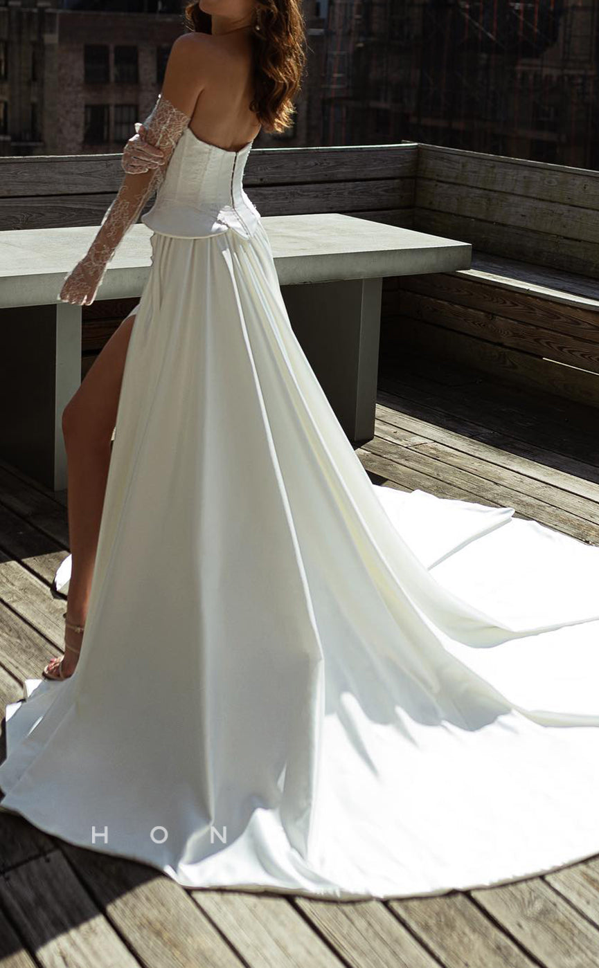 H1667 - Bateau Strapless Ruched Lace Applique With Side Slit Train Wedding Dress