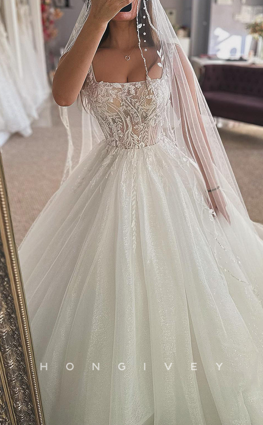 H1688 - Tulle A-Line Square Appliques Sheer Glitter Wedding Dress