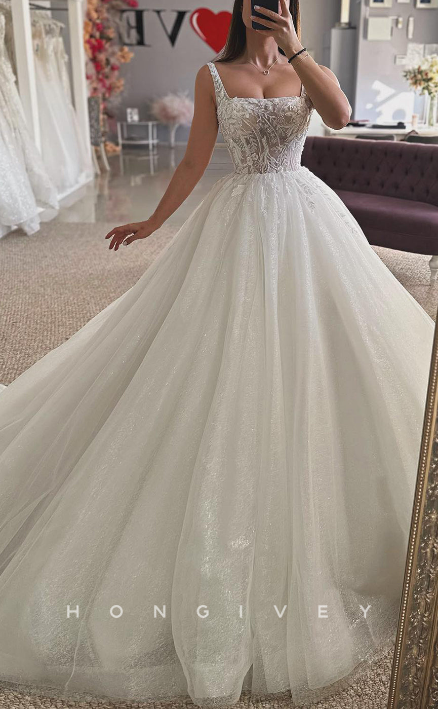 H1688 - Tulle A-Line Square Appliques Sheer Glitter Wedding Dress