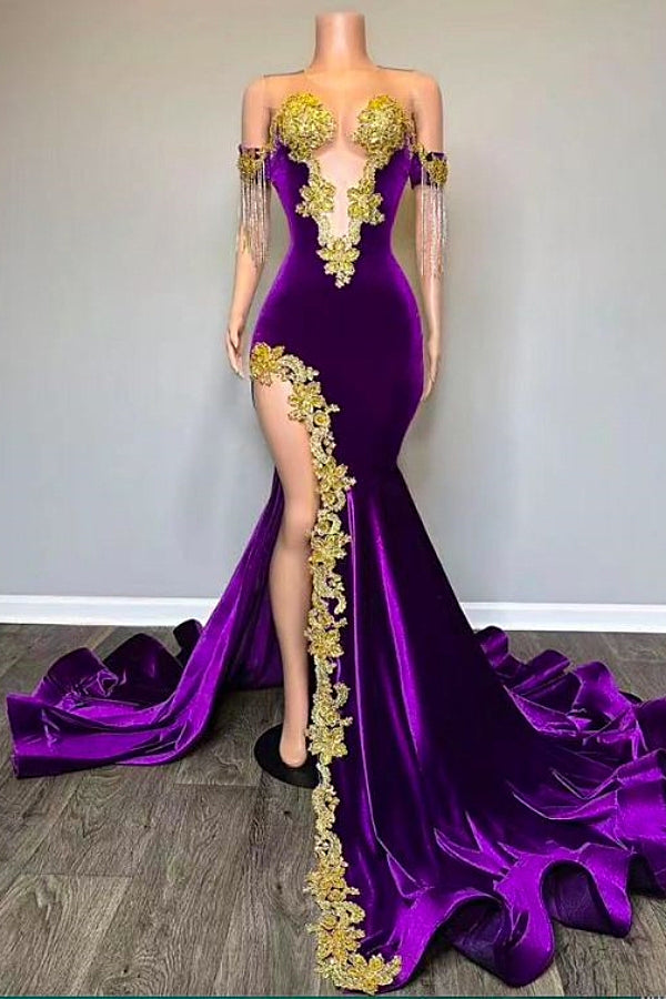 Beautiful Off-the-shoulder V-neck Long Gold Appliques Mermaid Velvert Prom Party Dresses