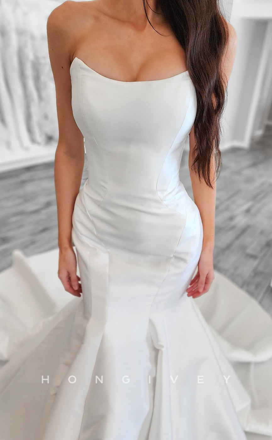 H1709 - Simple Satin Bateau Strapless Empire With Train Wedding Dress