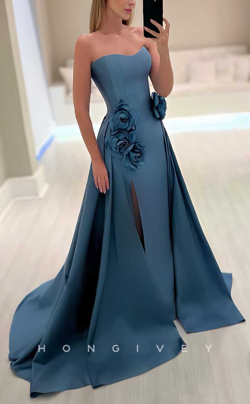 L2843 - Satin A-Line Sweetheart Floral Embossed With Slit Party Prom Evening Dress