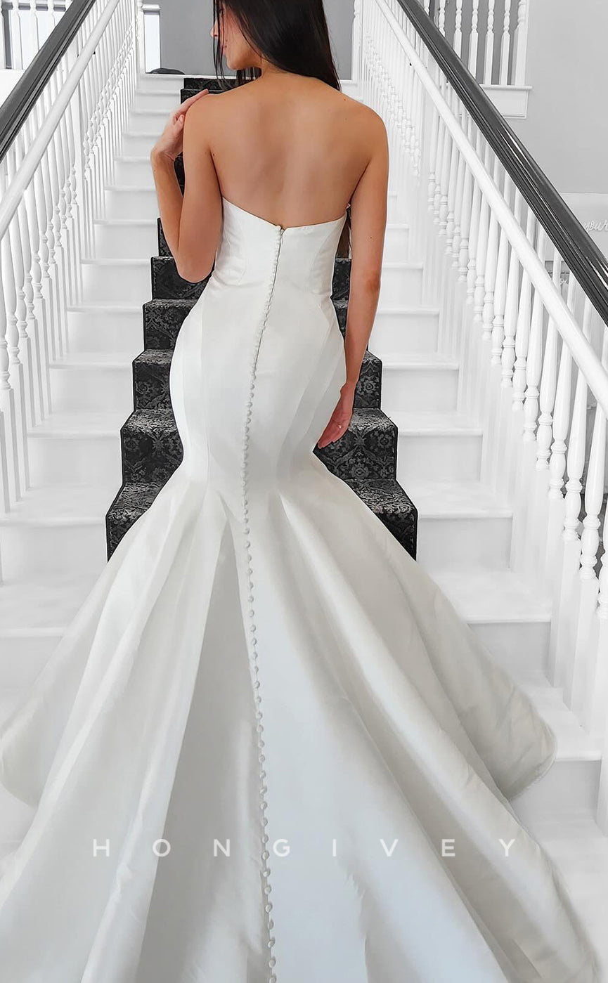 H1709 - Simple Satin Bateau Strapless Empire With Train Wedding Dress