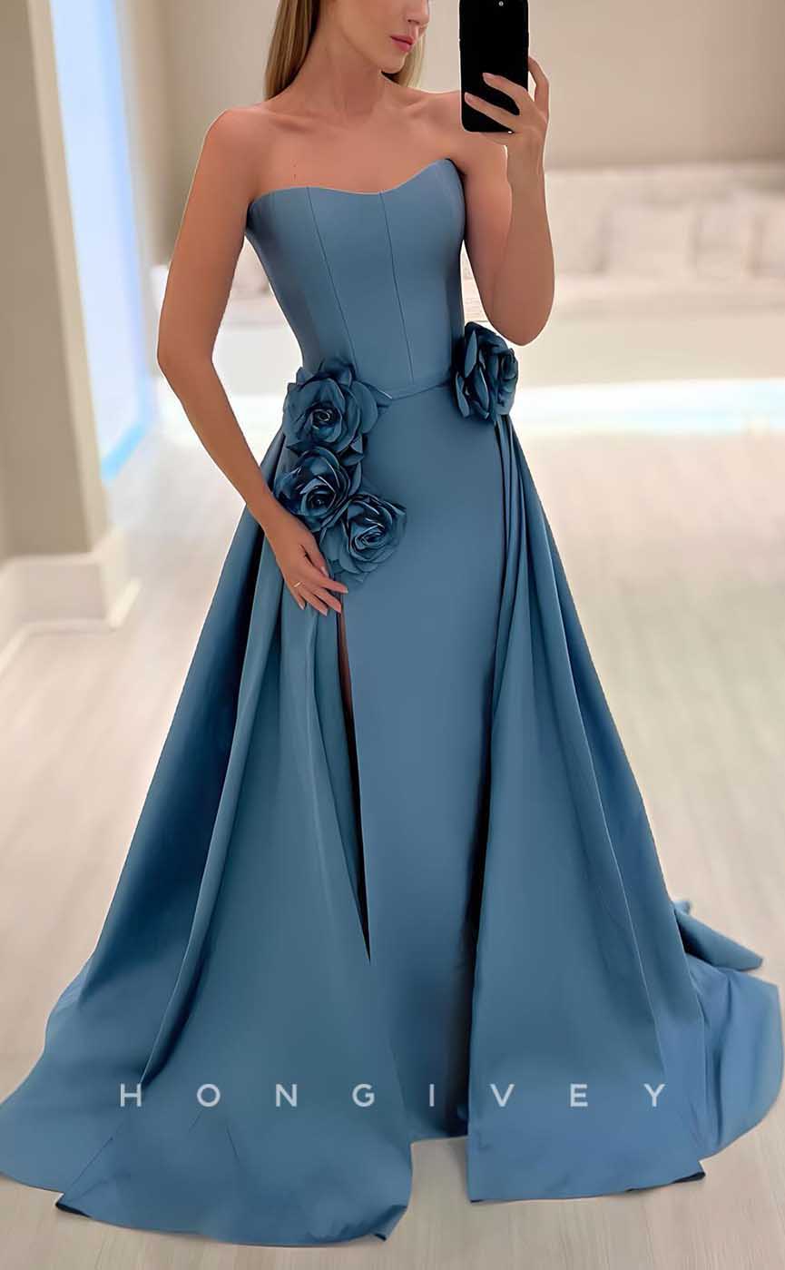 L2843 - Satin A-Line Sweetheart Floral Embossed With Slit Party Prom Evening Dress