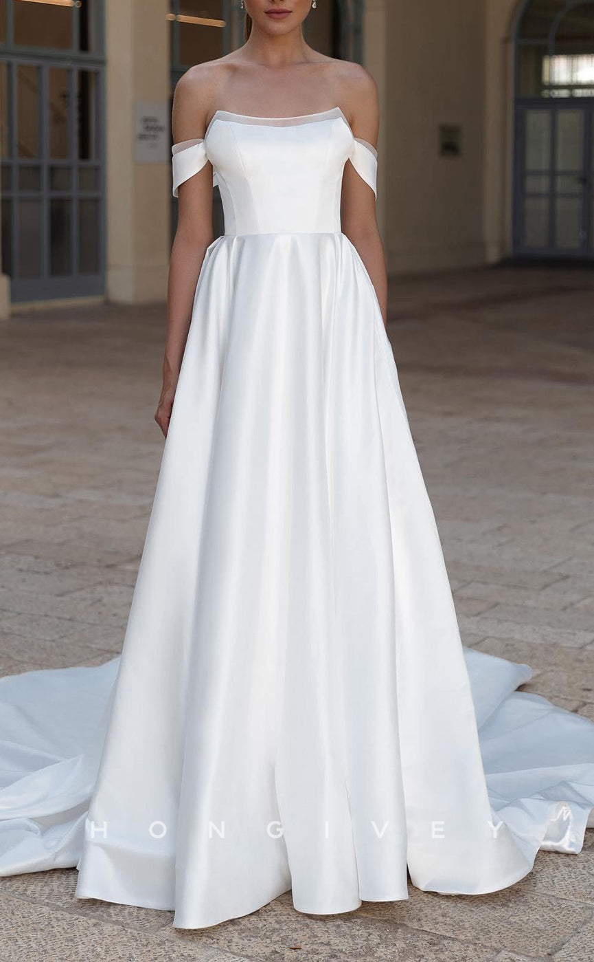 H1666 - Bateau Off-Shoulder Satin A-Line With Train Wedding Dress