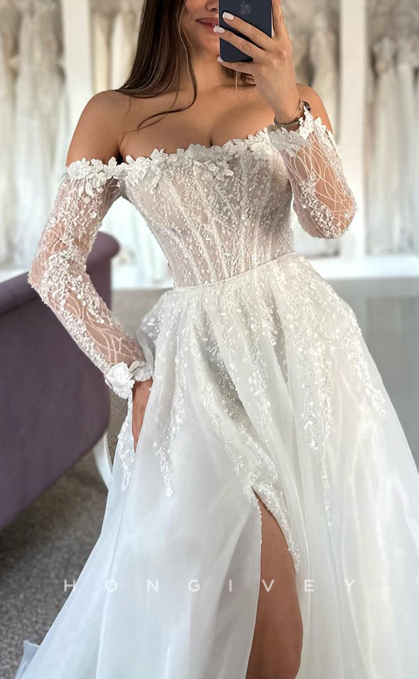 H1687 - Off-Shoulder Long Sleeve Lace Applique With Side Slit Wedding Dress