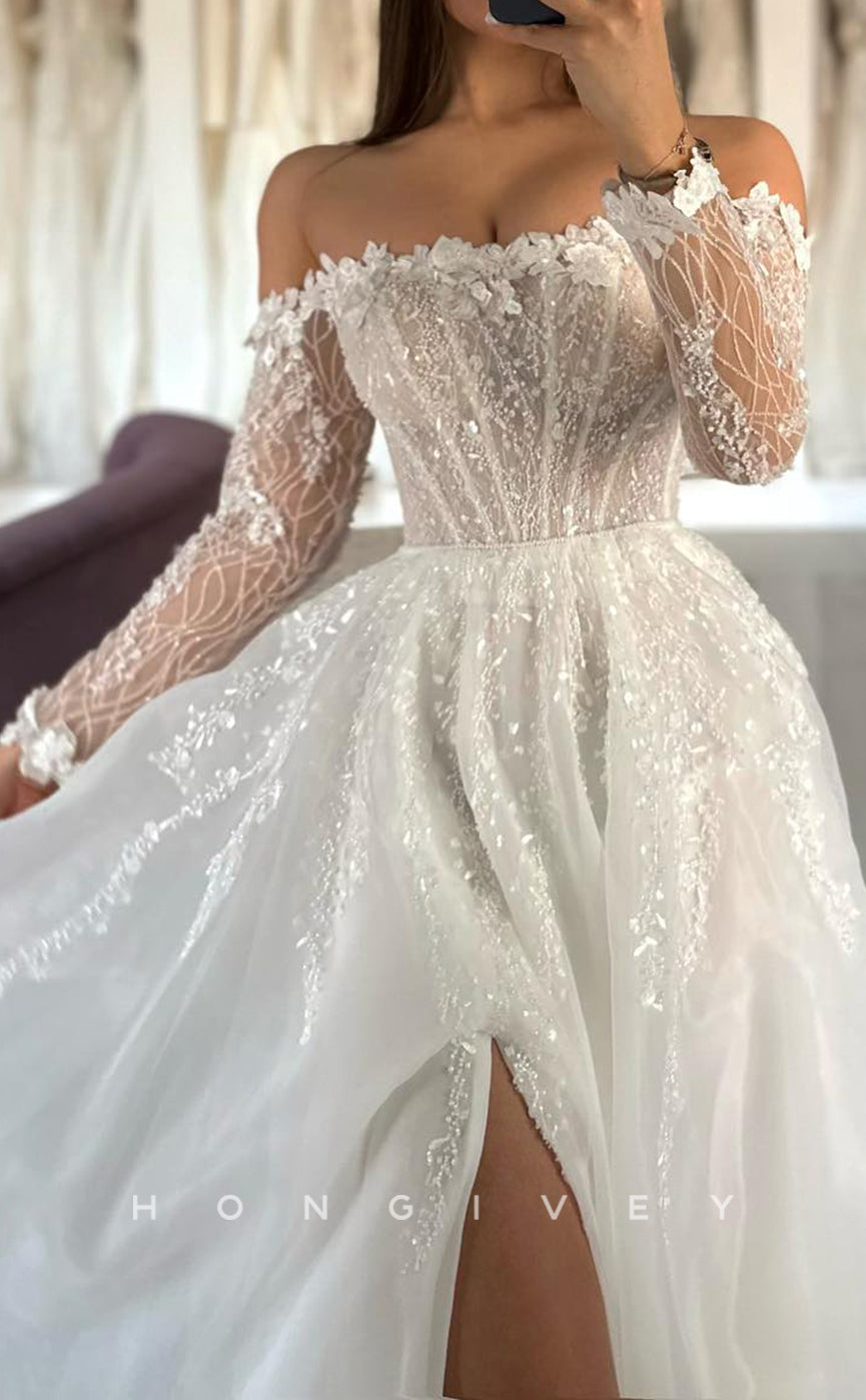 H1687 - Off-Shoulder Long Sleeve Lace Applique With Side Slit Wedding Dress