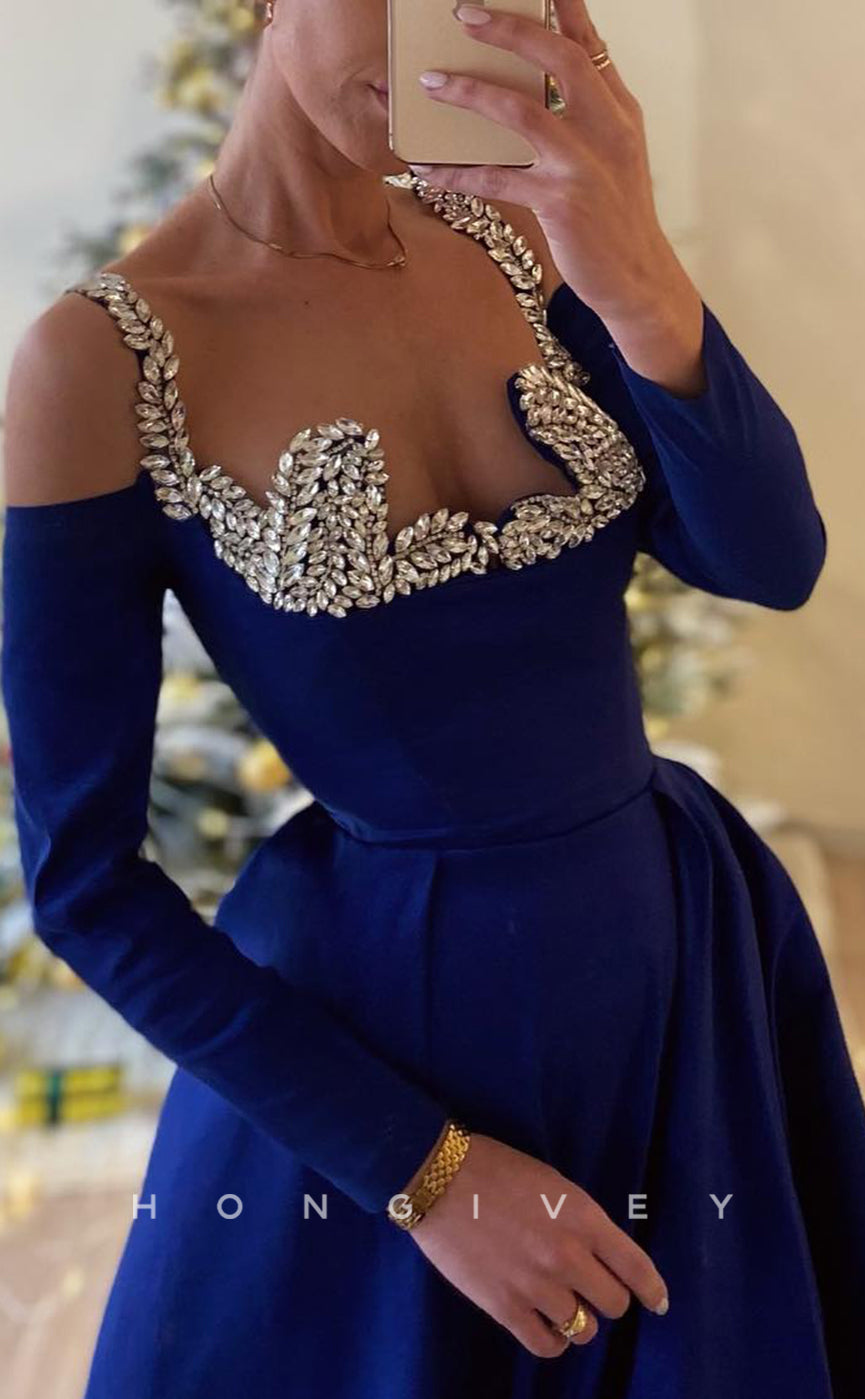 L2737 - Satin A-Line Off-Shoulder Beaded Empire Party Prom Evening Dress