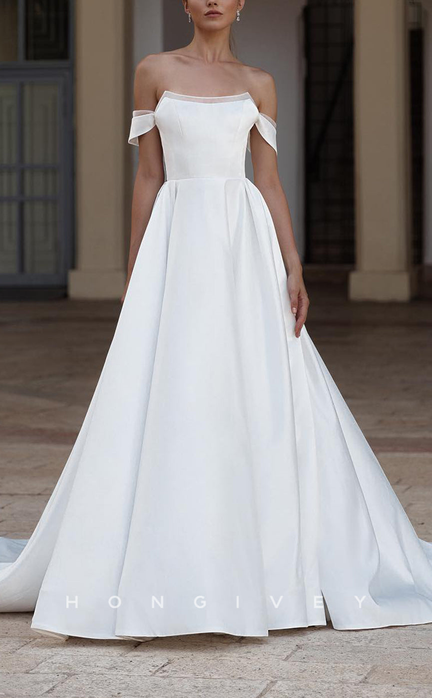 H1666 - Bateau Off-Shoulder Satin A-Line With Train Wedding Dress